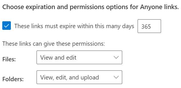 Choose expiration and permissions options for Anyone links